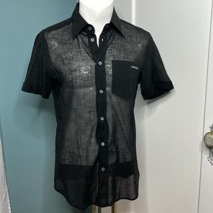D&G Dolce and Gabbana Mens Shirt Size 36/50 Sheer Linen Short Sleeve Black